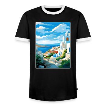 Milos Greece Travel Poster Souvenir Postcard Paint - Men's Ringer Shirt - black/white - Front - AI Model Female 172 light (172cm) & AI Model Male 178 light (178cm)