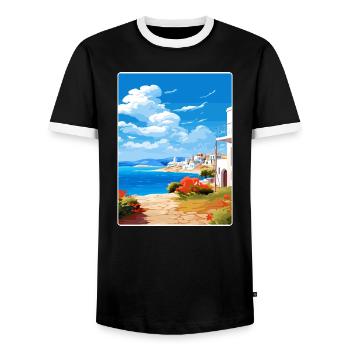 Paros Greece Travel Poster Souvenir Postcard Paint - Men's Ringer Shirt - black/white - Front - AI Model Female 172 light (172cm) & AI Model Male 178 light (178cm)