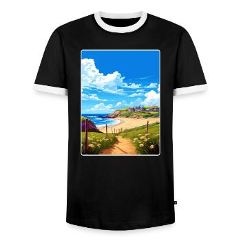 Holywell Bay Cornwall England Travel Poster Card - Men's Ringer Shirt - black/white - Front - AI Model Female 172 light (172cm) & AI Model Male 178 light (178cm)