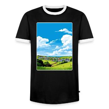 Crantock Cornwall England Travel Poster Souvenir - Men's Ringer Shirt - black/white - Front - AI Model Female 172 light (172cm) & AI Model Male 178 light (178cm)