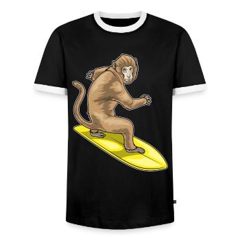 Monkey Surfing Surfboard Summer - Men's Ringer Shirt - black/white - Front - AI Model Female 172 light (172cm) & AI Model Male 178 light (178cm)