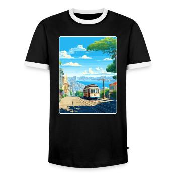 San Francisco Golden Gate California Travel Poster - Men's Ringer Shirt - black/white - Front - AI Model Female 172 light (172cm) & AI Model Male 178 light (178cm)