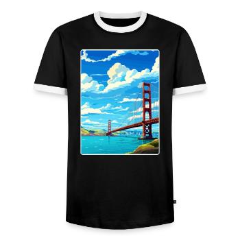 San Francisco Golden Gate California Travel Poster - Men's Ringer Shirt - black/white - Front - AI Model Female 172 light (172cm) & AI Model Male 178 light (178cm)