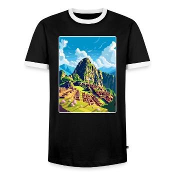 Machu Picchu Pérou Affiche de voyage Peinture Souvenir WPA - T-shirt contrasté Homme - noir/blanc - Devant - AI Model Female 172 light (172cm) & AI Model Male 178 light (178cm)