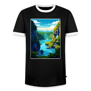Plitvice Lake National Park Croatia Travel Poster - Men's Ringer Shirt - black/white - Front - AI Model Female 172 light (172cm) & AI Model Male 178 light (178cm)