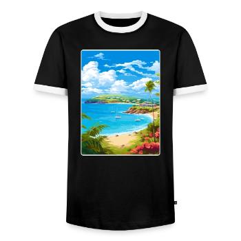 Antigua and Barbuda Caribbean Travel Poster Card - Men's Ringer Shirt - black/white - Front - AI Model Female 172 light (172cm) & AI Model Male 178 light (178cm)