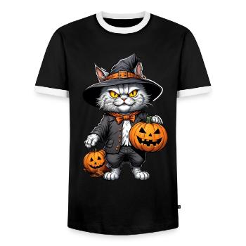 Halloween -Katze Grusel mit Kürbis - Männer Kontrast-T-Shirt - Schwarz/Weiß - Vorne - AI Model Female 172 light (172cm) & AI Model Male 178 light (178cm)