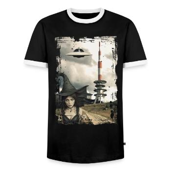 UFO Brocken in the Harz Mountains - Men's Ringer Shirt - black/white - Front - AI Model Female 172 light (172cm) & AI Model Male 178 light (178cm)