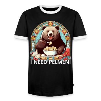 I Need Pelmeni Bear Gift - Men's Ringer Shirt - black/white - Front - AI Model Female 172 light (172cm) & AI Model Male 178 light (178cm)