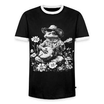 Cottagecore Nature Frog with Guitar Banjo Flowers - Men's Ringer Shirt - black/white - Front - AI Model Female 172 light (172cm) & AI Model Male 178 light (178cm)