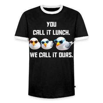 You call it a meal - We call it ours - Men's Ringer Shirt - black/white - Front - AI Model Female 172 light (172cm) & AI Model Male 178 light (178cm)