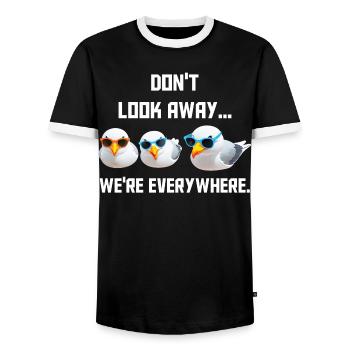 Don't look away... we're everywhere - Männer Kontrast-T-Shirt - Schwarz/Weiß - Vorne - AI Model Female 172 light (172cm) & AI Model Male 178 light (178cm)