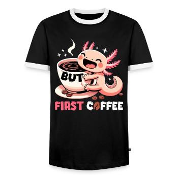 Axolotl but first coffee gift - Men's Ringer Shirt - black/white - Front - AI Model Female 172 light (172cm) & AI Model Male 178 light (178cm)