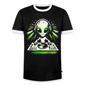 Alien DJ Vibes – Cosmic Green Beats Design - Men's Ringer Shirt - black/white - Front - AI Model Female 172 light (172cm) & AI Model Male 178 light (178cm)