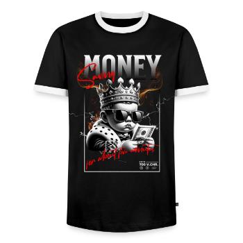 Money Saving : for about five minutes - Men's Ringer Shirt - black/white - Front - AI Model Female 172 light (172cm) & AI Model Male 178 light (178cm)