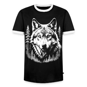 Wolf, Forest - Men's Ringer Shirt - black/white - Front - AI Model Female 172 light (172cm) & AI Model Male 178 light (178cm)
