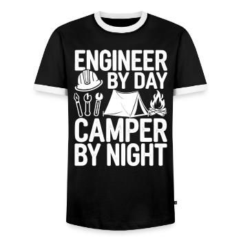 Funny Engineer by Day Camper by Night Engineering - Men's Ringer Shirt - black/white - Front - AI Model Female 172 light (172cm) & AI Model Male 178 light (178cm)