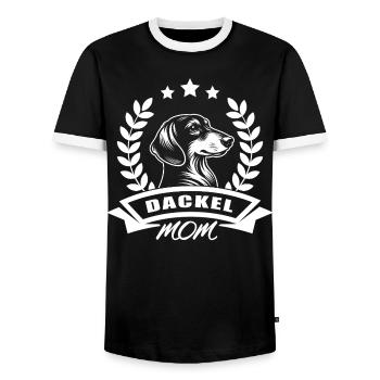 "Dachshund Mom" design with banner and wreath of wheat - Men's Ringer Shirt - black/white - Front - AI Model Female 172 light (172cm) & AI Model Male 178 light (178cm)