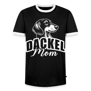 "Dachshund Mom" with dog head - Men's Ringer Shirt - black/white - Front - AI Model Female 172 light (172cm) & AI Model Male 178 light (178cm)
