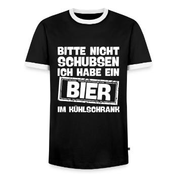 nicht schubsen habe bier im kühlschrank lustig - Männer Kontrast-T-Shirt - Schwarz/Weiß - Vorne - AI Model Female 172 light (172cm) & AI Model Male 178 light (178cm)