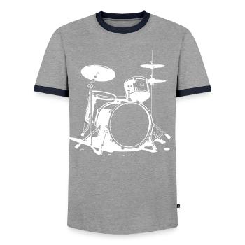 Drum Set Drawing - Men's Ringer Shirt - grey/navy  - Front - AI Model Female 172 light (172cm) & AI Model Male 178 light (178cm)