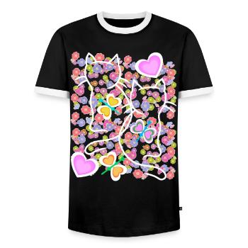 Été Floral Coeur Rétro Chats Chat Enfants des années 80 - T-shirt contrasté Homme - noir/blanc - Devant - AI Model Female 172 light (172cm) & AI Model Male 178 light (178cm)