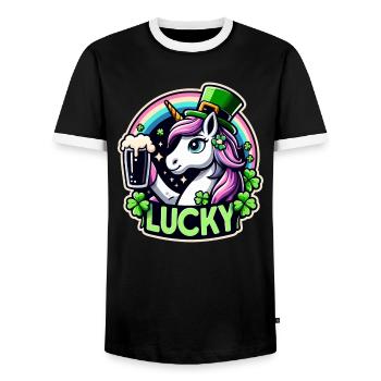 St. Patrick's Day Leprechaun Unicorn Happy - Men's Ringer Shirt - black/white - Front - AI Model Female 172 light (172cm) & AI Model Male 178 light (178cm)