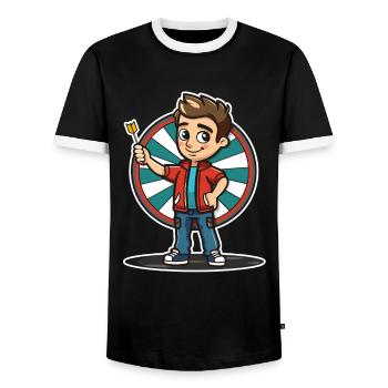 Dartspieler Cartoon Stil - Männer Kontrast-T-Shirt - Schwarz/Weiß - Vorne - AI Model Female 172 light (172cm) & AI Model Male 178 light (178cm)