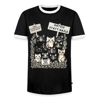 Demo Katzen gegen rechts  - Männer Kontrast-T-Shirt - Schwarz/Weiß - Vorne - AI Model Female 172 light (172cm) & AI Model Male 178 light (178cm)