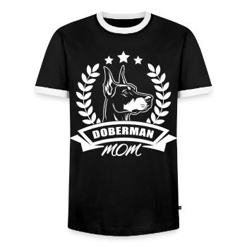 "Doberman Mom" - mit Banner und Ährenkranz - Männer Kontrast-T-Shirt - Schwarz/Weiß - Vorne - AI Model Female 172 light (172cm) & AI Model Male 178 light (178cm)