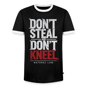 Don't Steal Don't Kneel | Natural Law Statement - Men's Ringer Shirt - black/white - Front - AI Model Female 172 light (172cm) & AI Model Male 178 light (178cm)