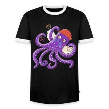 Peace octopus Sepp swims for peace - Men's Ringer Shirt - black/white - Front - AI Model Female 172 light (172cm) & AI Model Male 178 light (178cm)