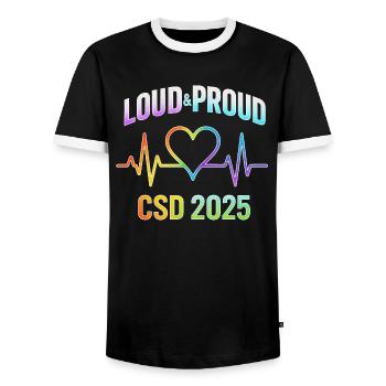 LGBTQ Pride 2025 Herzbeat Design - Männer Kontrast-T-Shirt - Schwarz/Weiß - Vorne - AI Model Female 172 light (172cm) & AI Model Male 178 light (178cm)