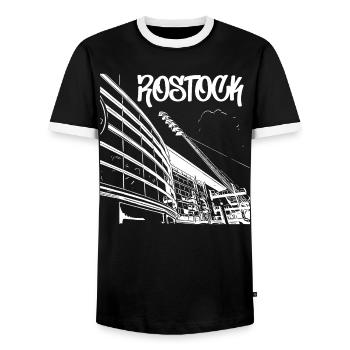 Vue sur le stade Rostock Skyline - T-shirt contrasté Homme - noir/blanc - Devant - AI Model Female 172 light (172cm) & AI Model Male 178 light (178cm)