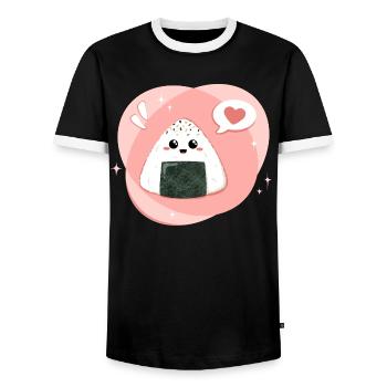 Kawaii Onigiri in pink rosa mit Herz - Männer Kontrast-T-Shirt - Schwarz/Weiß - Vorne - AI Model Female 172 light (172cm) & AI Model Male 178 light (178cm)