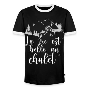 La vie est belle au chalet - T-shirt contrasté Homme - noir/blanc - Devant - AI Model Female 172 light (172cm) & AI Model Male 178 light (178cm)
