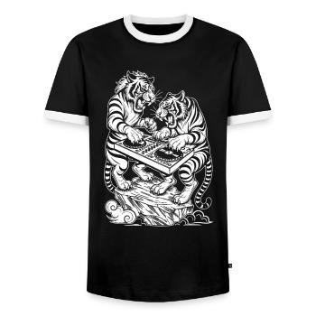 Techno DJ Shirt: Raver Tiger in Electro Vibes - Men's Ringer Shirt - black/white - Front - AI Model Female 172 light (172cm) & AI Model Male 178 light (178cm)