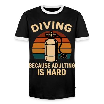 Diving Escape – When adulthood is annoying - Men's Ringer Shirt - black/white - Front - AI Model Female 172 light (172cm) & AI Model Male 178 light (178cm)