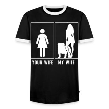 My Wife vs Your Wife – Bulldog Style - Men's Ringer Shirt - black/white - Front - AI Model Female 172 light (172cm) & AI Model Male 178 light (178cm)