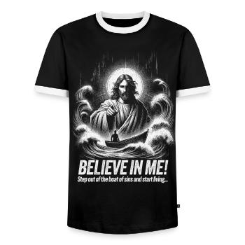 Inspiring Jesus Faith Print   - Men's Ringer Shirt - black/white - Front - AI Model Female 172 light (172cm) & AI Model Male 178 light (178cm)