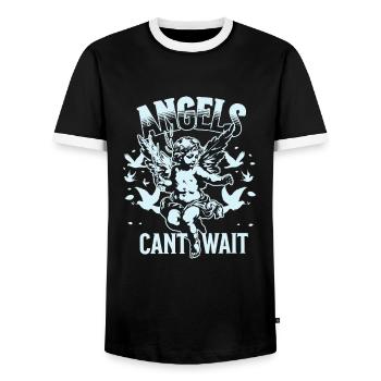 Engel T-Shirt Unisex Angels Can’t Wait VintageTee - Männer Kontrast-T-Shirt - Schwarz/Weiß - Vorne - AI Model Female 172 light (172cm) & AI Model Male 178 light (178cm)
