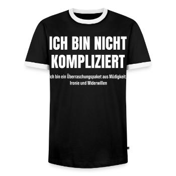 Ironisch, müde, genervt – trotzdem charmant - Männer Kontrast-T-Shirt - Schwarz/Weiß - Vorne - AI Model Female 172 light (172cm) & AI Model Male 178 light (178cm)