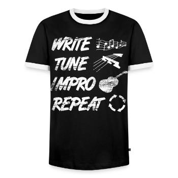 Writing, making music, improvising - Men's Ringer Shirt - black/white - Front - AI Model Female 172 light (172cm) & AI Model Male 178 light (178cm)