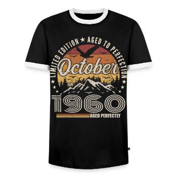October 1960 Birthday Gift - October 1960 - Men's Ringer Shirt - black/white - Front - AI Model Female 172 light (172cm) & AI Model Male 178 light (178cm)
