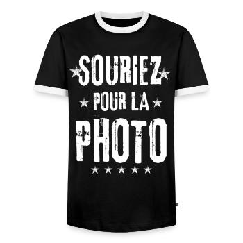 Smile for the photo - Men's Ringer Shirt - black/white - Front - AI Model Female 172 light (172cm) & AI Model Male 178 light (178cm)