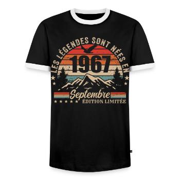 Legendary since September 1967 | September 1967 - Men's Ringer Shirt - black/white - Front - AI Model Female 172 light (172cm) & AI Model Male 178 light (178cm)