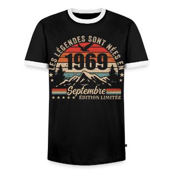 legendary since September 1969 | September 1969 - Men's Ringer Shirt - black/white - Front - AI Model Female 172 light (172cm) & AI Model Male 178 light (178cm)