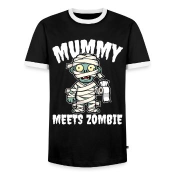 MUMIE TRIFFT ZOMBIE - ZOMBIE HALLOWEEN - Männer Kontrast-T-Shirt - Schwarz/Weiß - Vorne - AI Model Female 172 light (172cm) & AI Model Male 178 light (178cm)
