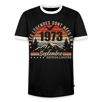 légendaire depuis septembre 1973 | septembre 1973 - T-shirt contrasté Homme - noir/blanc - Devant - AI Model Female 172 light (172cm) & AI Model Male 178 light (178cm)