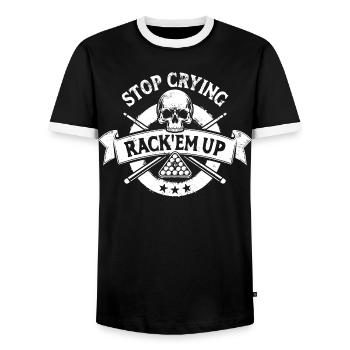 Arrête de pleurer, Rack’em up - Eight Ball - Billard - T-shirt contrasté Homme - noir/blanc - Devant - AI Model Female 172 light (172cm) & AI Model Male 178 light (178cm)